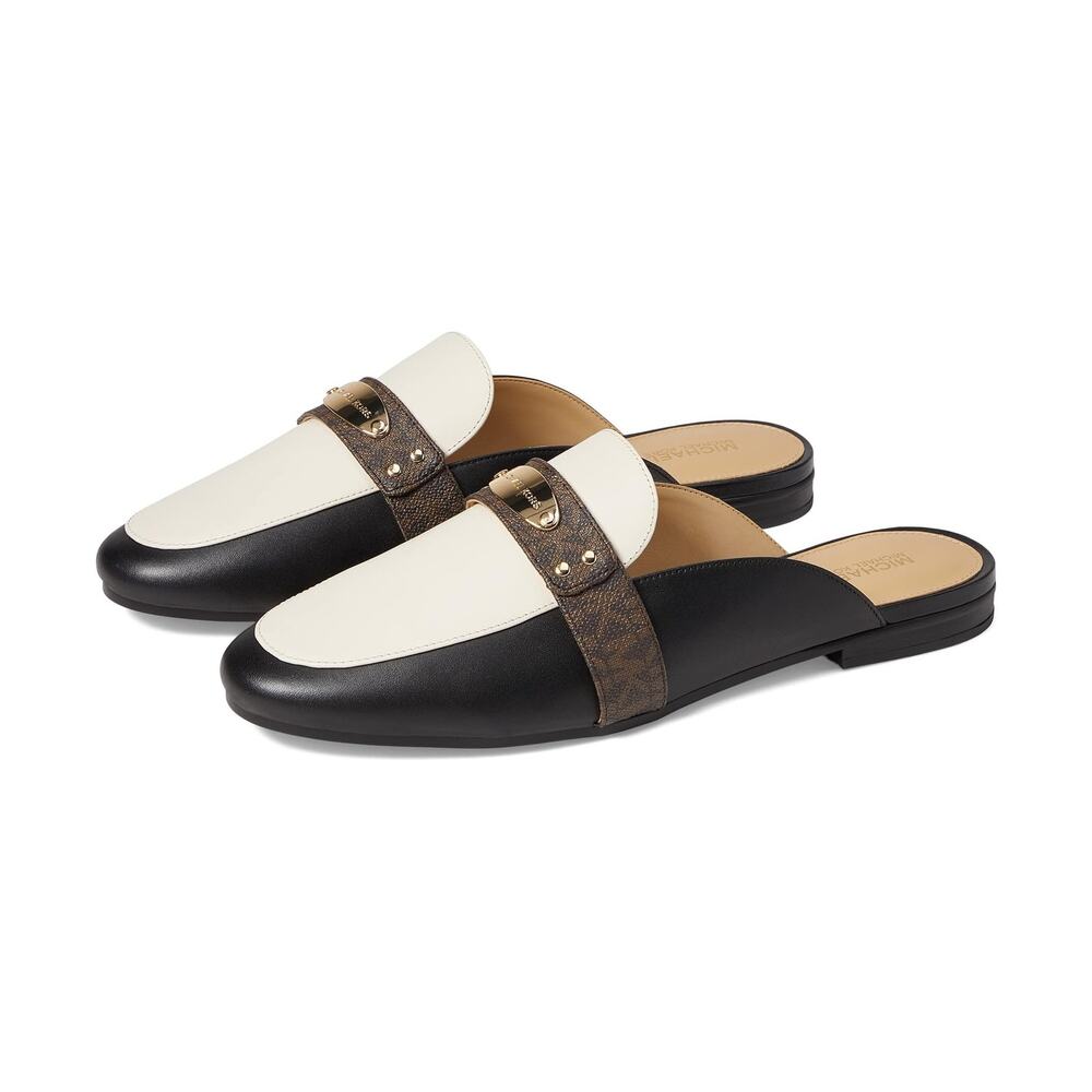NEW MICHAEL Michael Kors Plate Colorblock Leather Logo Slide Mule Flats